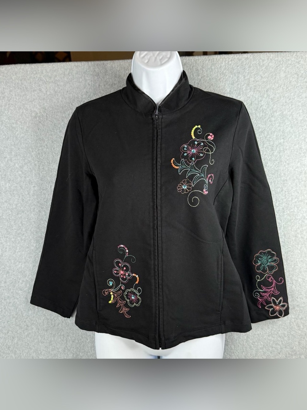 CBK Sport Embroidered Womens Medium Black Sequin Full Zip Mock Neck
